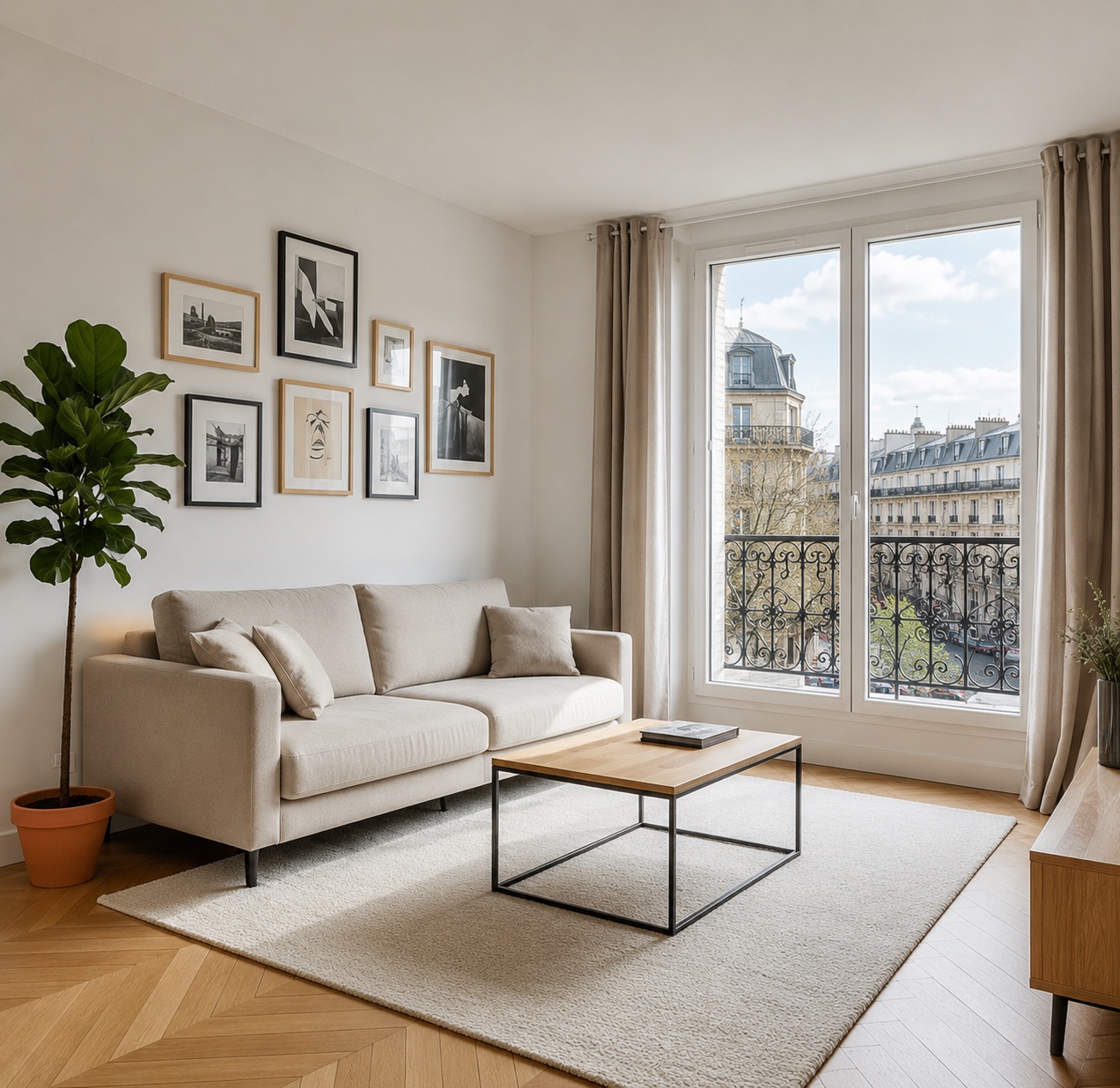 Séjour lumineux avec une grande fenêtre sur-mesure ouverte sur un balcon